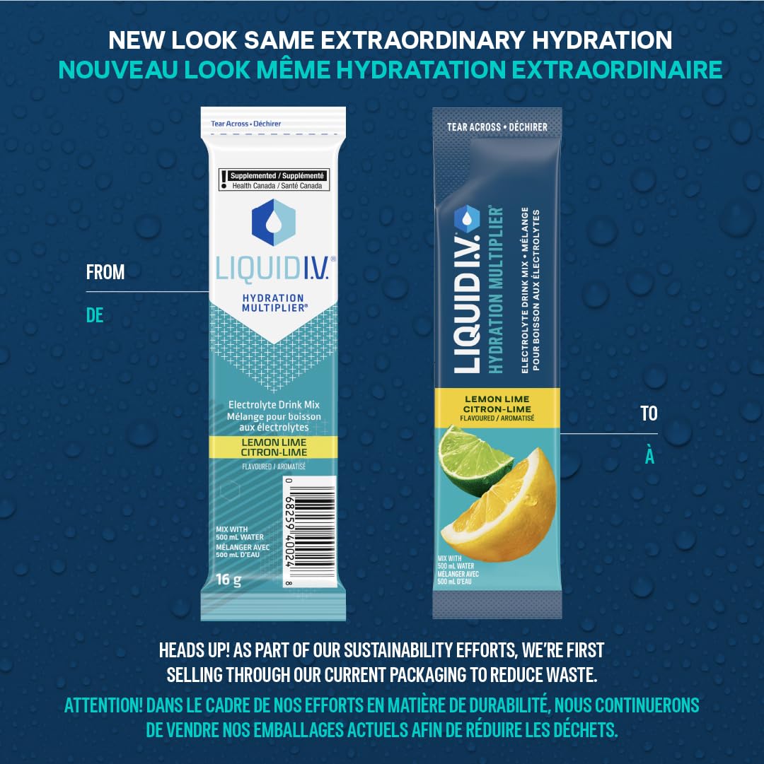 Liquid I.V. Hydration Multiplier Electrolyte Drink Mix - Enhanced Hydration Electrolyte Powder with Vitamins B3, B5, B6, B12 and C -18x On-the-go Sticks for Workout and Travel - Lemon Lime 🍁 All In One Marketplace Canada