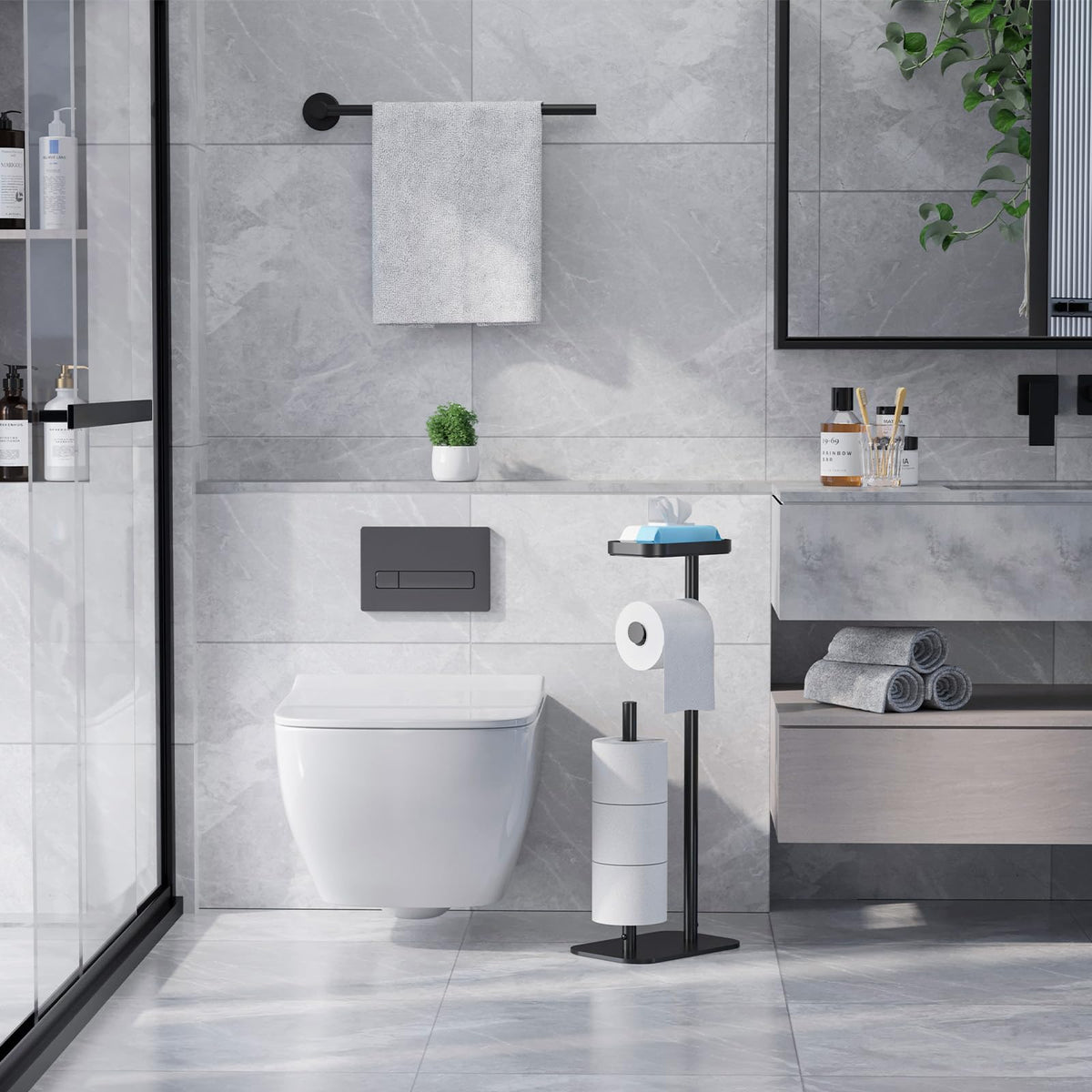 Kitsure Toilet Paper Roll Holder Free Standing – Rustproof Metal Toilet Paper Stand for 4 Rolls with Anti-Slip Base and Shelf for Phone & Small Items, Black, 63.0 x 23.5 x 15.0 cm 🍁 All In One Marketplace Canada