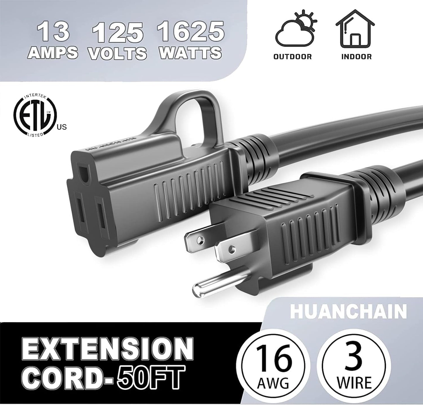 HUANCHAIN Indoor Outdoor Black Extension Cord 50 ft Waterproof, 16/3 Gauge Flexible Resistant Appliance Extension Cord Outside, 13A 1625W 16AWG SJTW, 3 Prong Electric Cable, ETL 🍁 All In One Marketplace Canada