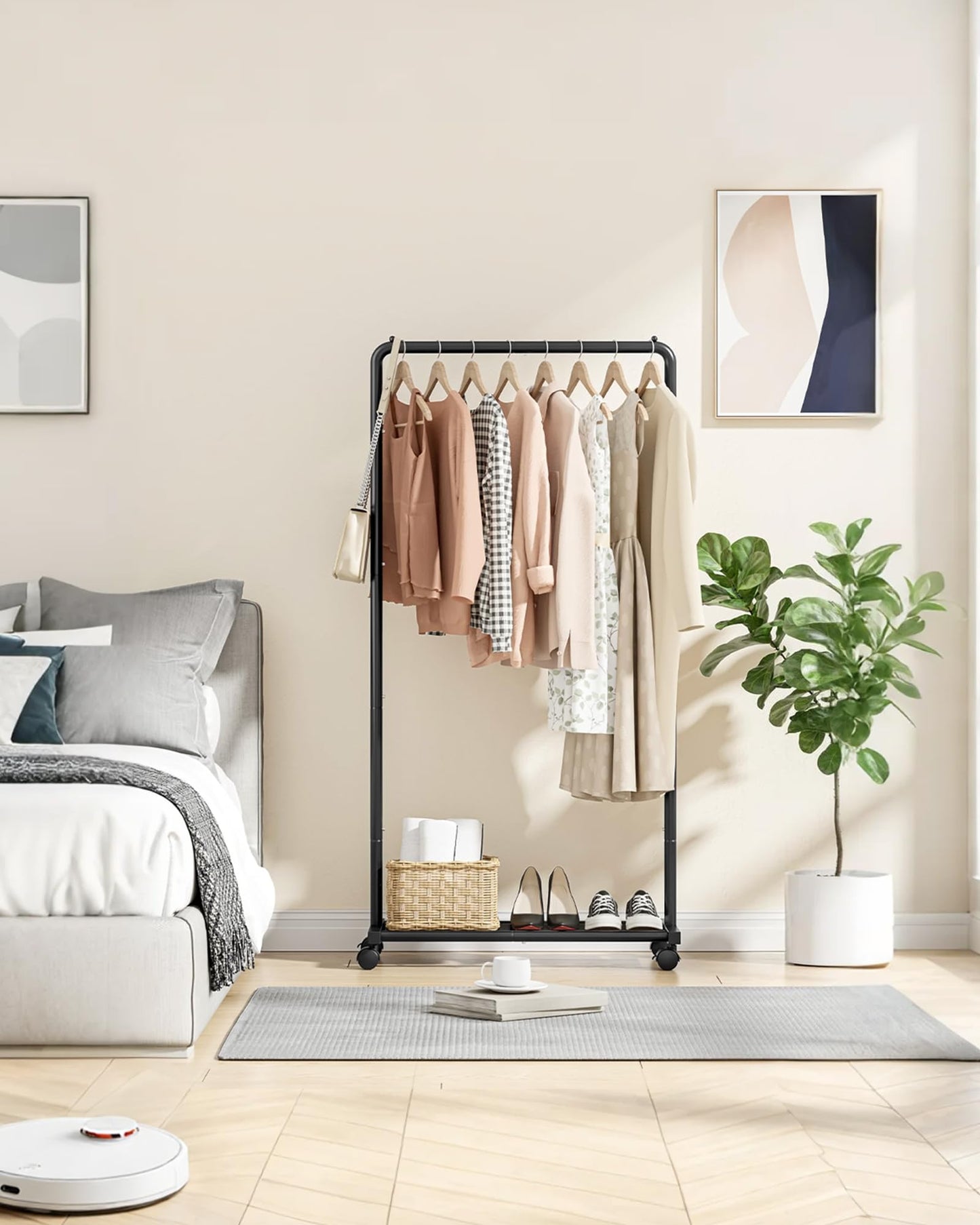 Sakugi Clothing Rack - Movable Multi-Functional Coat Rack with 4 Universal Wheels, Long-Lasting Metal Clothes Rack with Extra Storage Shelf for Bedroom, Office, Laundry(Black, 73W x 43.5D x 150H cm) 🍁 All In One Marketplace Canada
