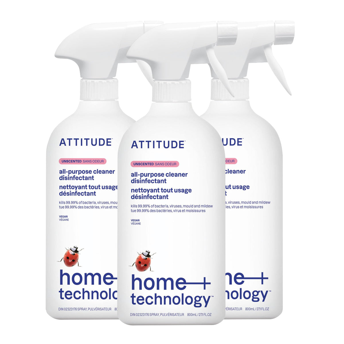 ATTITUDE Disinfectant Spray, All Purpose Cleaner with 99.99% Germ & Virus Elimination, Vegan & Plant-Based, Multi-Surface, Made in Canada, Unscented, 800 mL (Pack of 3) 🍁 All In One Marketplace Canada