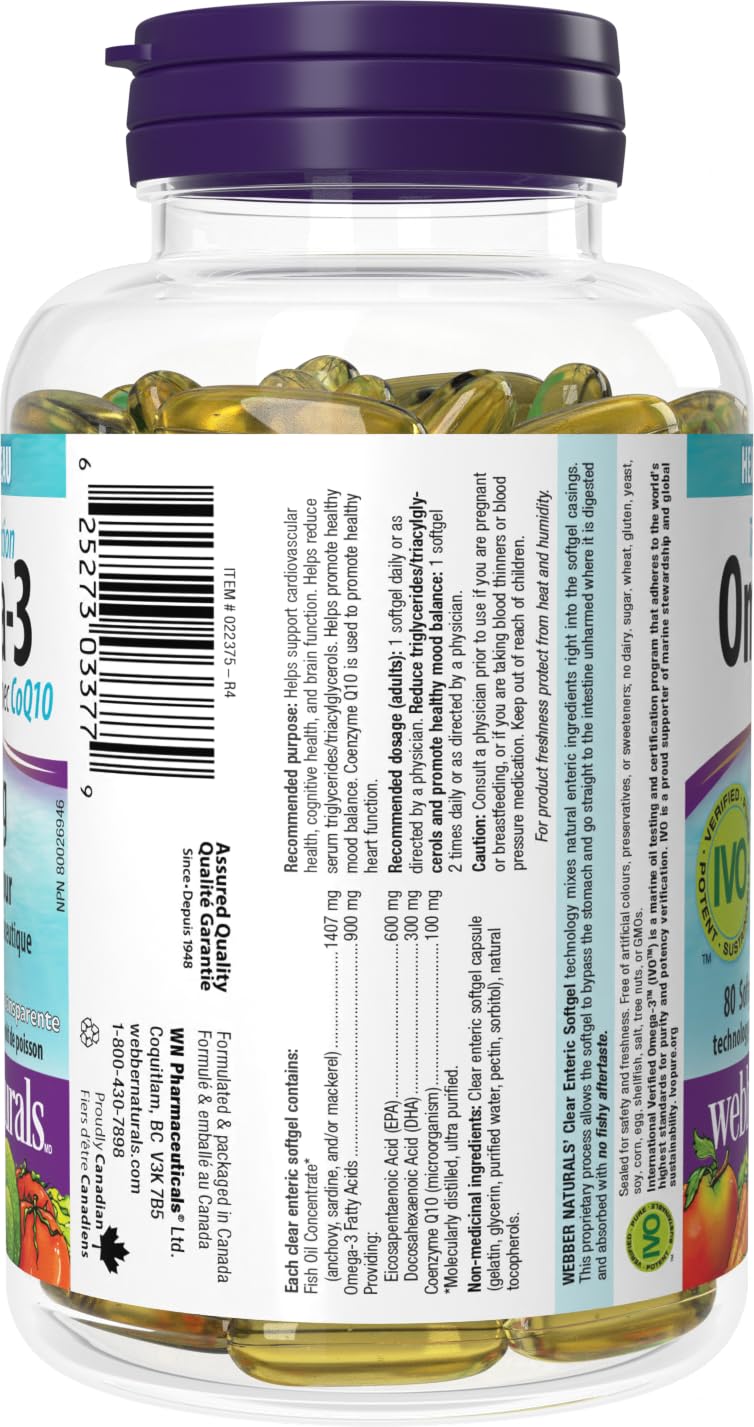 Webber Naturals Omega-3 with CoQ10, 80 Clear Enteric No Fishy Aftertaste Softgels, Supports Cardiovascular Health and Brain Function 🍁 All In One Marketplace Canada