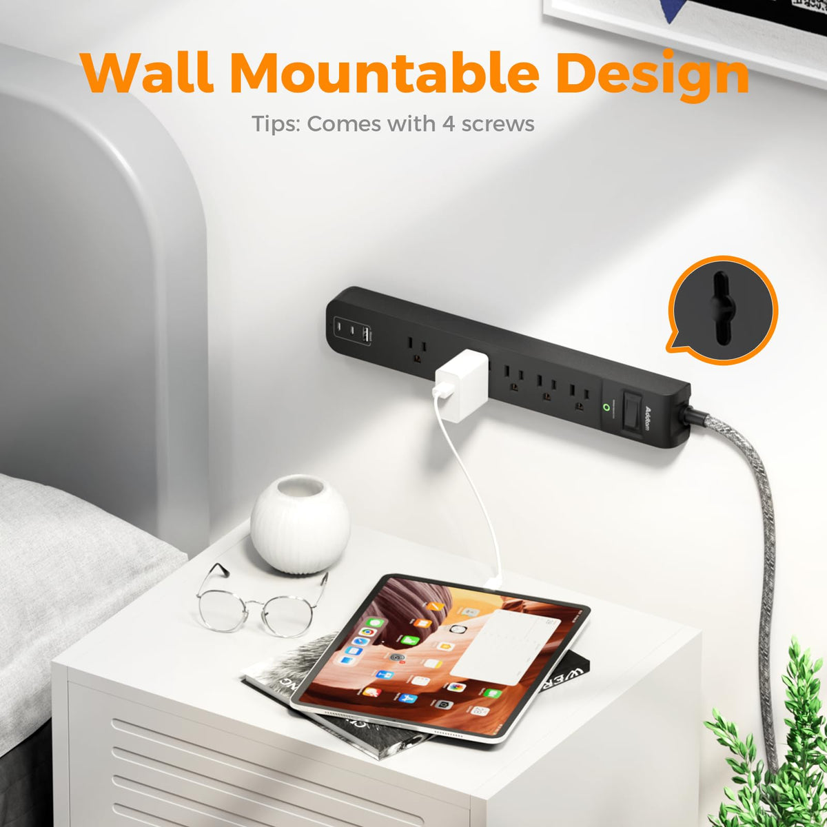 2 Pack Power Bar Surge Protector - 5 Widely Spaced Outlets 3 USB Charging Ports(2 USB C), 1875W/15A with 6Ft Braided Extension Cord, Flat Plug, Overload Surge Protection, Wall Mount for Home Office 🍁 All In One Marketplace Canada