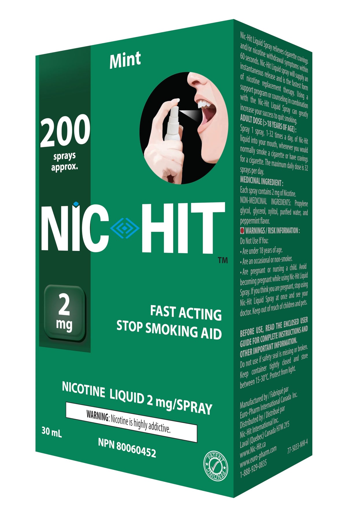 Quit Smoking Aid Nicotine Spray Nic-Hit Mint Flavor 2mg - 200 Sprays 🍁 All In One Marketplace Canada