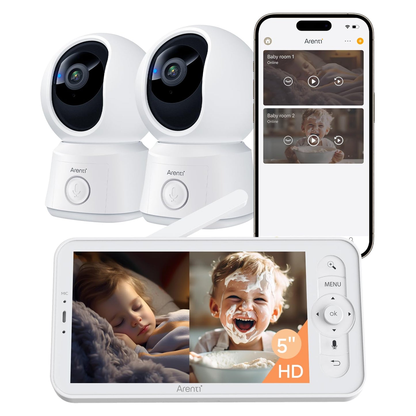 Arenti Baby Monitor 2 Cameras, Smart WiFi 6 Baby Cameras with 5-Inch Upgraded Wireless Display, 360° View, Auto-Night Vision, Temperature Sensor, Sound & Motion Detection, 2 Way Audio, VOX Mode (B2) 🍁 All In One Marketplace Canada