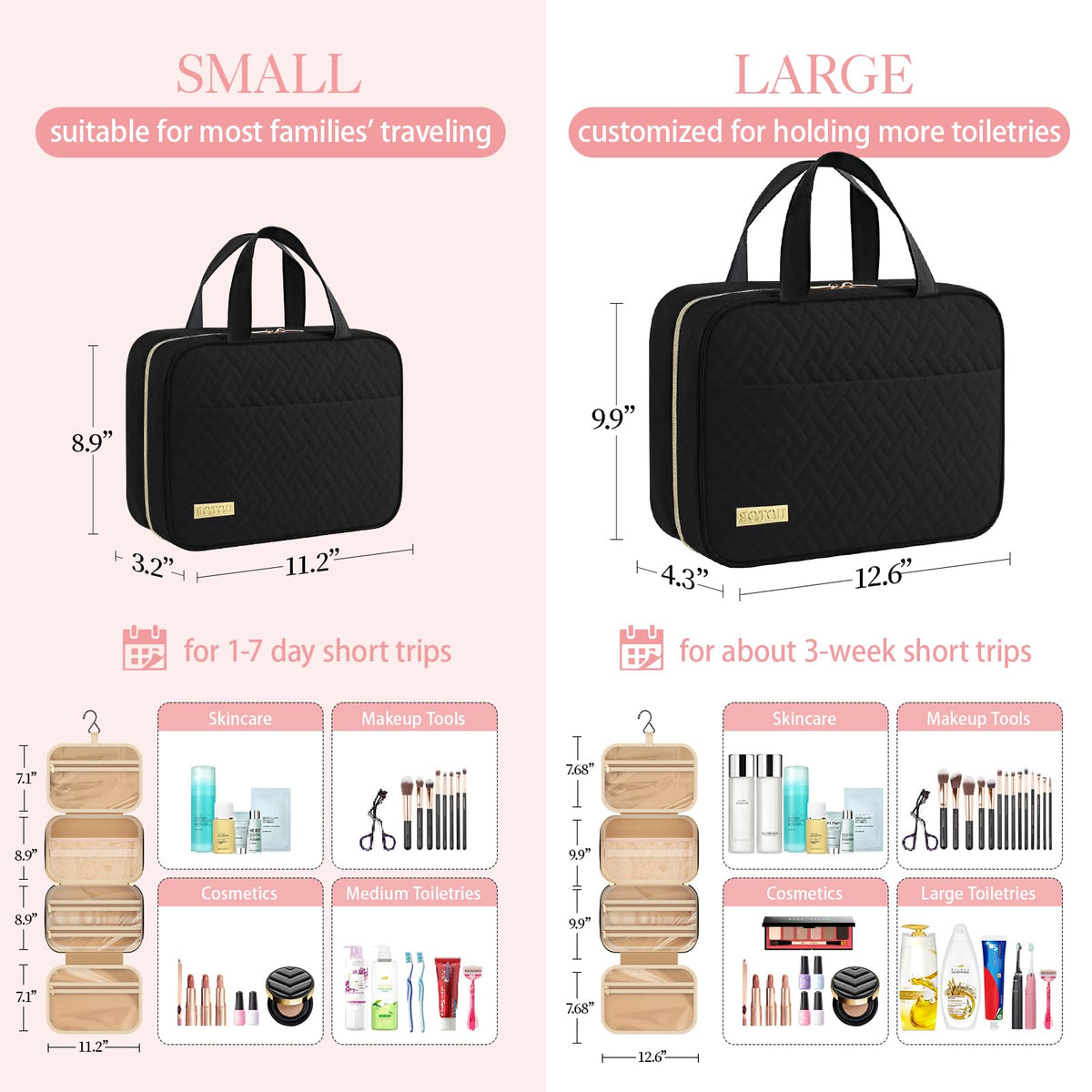 HOTOR Travel Toiletry Bag - Toiletry Bag w/Hanging Hook for Women & Men, Makeup Bag/Big Comparment, Waterproof for Travel Accessories, Travel Essentials, Small, Black 🍁 All In One Marketplace Canada
