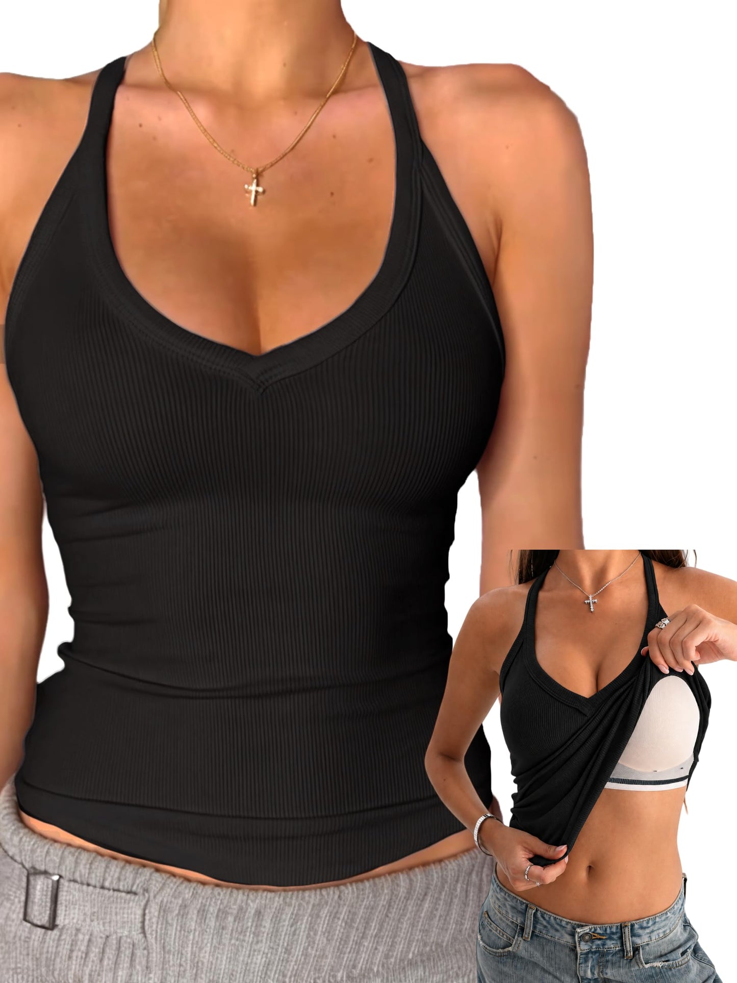 Danysu V Neck Cotton Tank Tops with Built-in Shelf Bra Sleeveless Racerback Fitted Basic Cami Shirts Black M 🍁 All In One Marketplace Canada