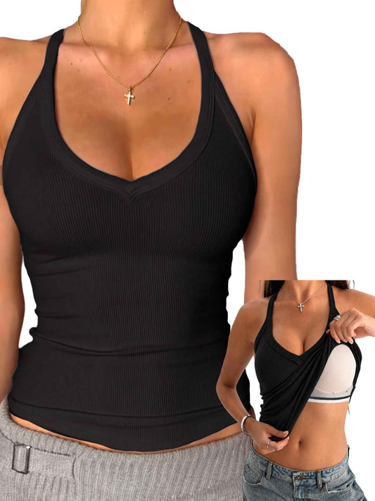 Danysu V Neck Cotton Tank Tops with Built-in Shelf Bra Sleeveless Racerback Fitted Basic Cami Shirts Black M 🍁 All In One Marketplace Canada