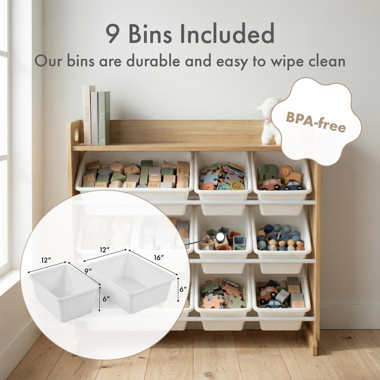 Humble Crew Toy Storage Organizer with Top Shelf and 9 Removable Bins, Natural/White – Toddler Bookshelf with Toy Organizer - Modern Toy Rack Ideal for Kids' Rooms, Playrooms, and Nurseries 🍁 All In One Marketplace Canada