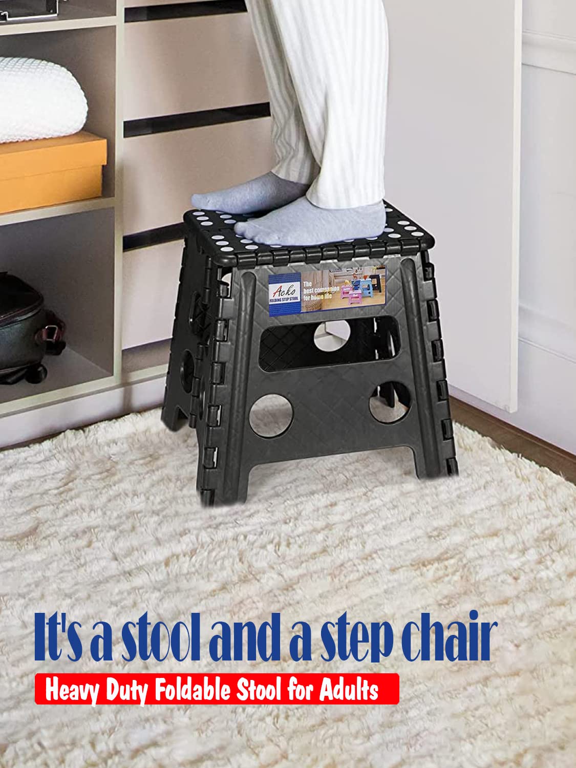 Acko Folding Step Stool 13 inch Heavy Duty Plastic Foldable Step Stool for Adults and Kids, Premium Black Step Stool Toddler, Small Collapsible Fold Up Stepping Stool Kitchen Bathroom Step Stool 🍁 All In One Marketplace Canada