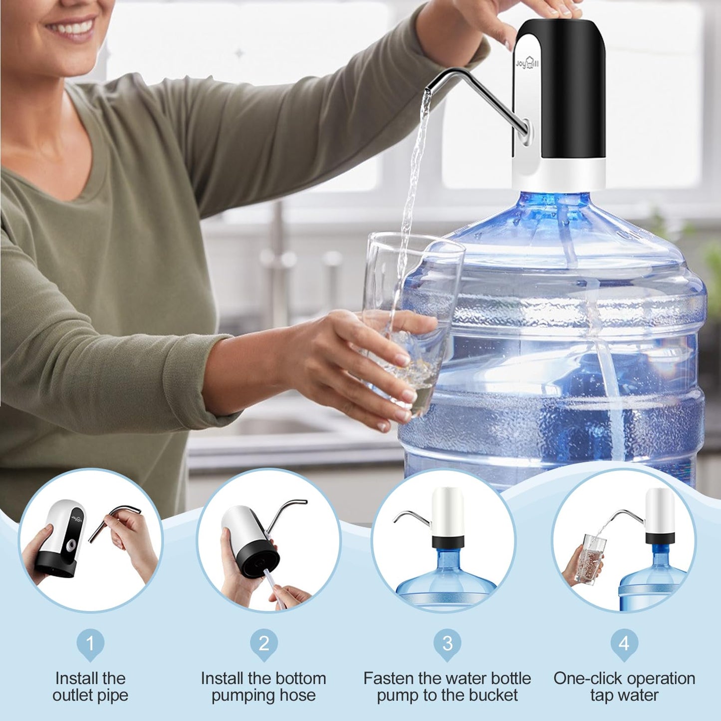 JOYHILL Water Bottle Pump, Automatic Drinking Water Pump, USB Charging, 3-5 Gallon Bottle Compatible, Portable Electric Water Jug Pump, Black, Matte Finish 🍁 All In One Marketplace Canada