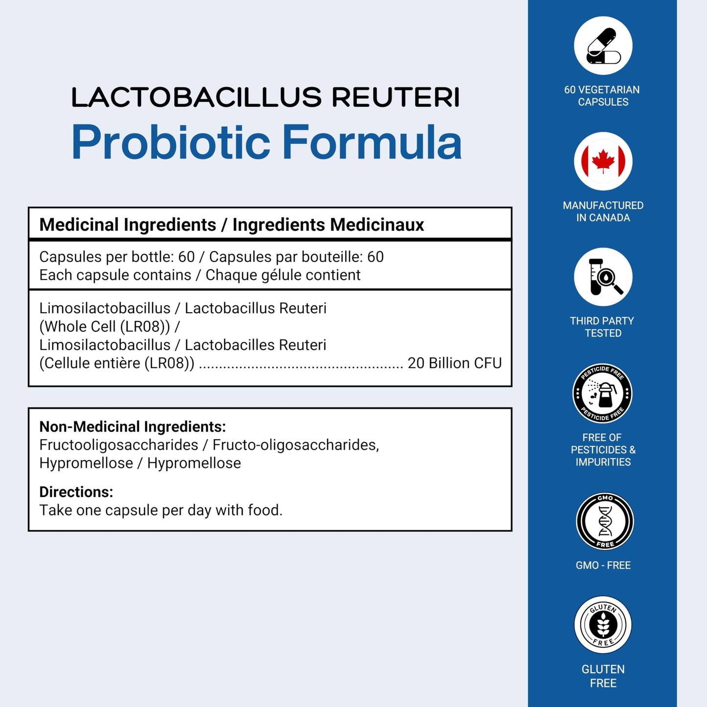 Lactobacillus Reuteri Probiotic 20 Billion CFU - L Reuteri Probiotic - Highest CFU Count, Gut Health, Yogurt Starter Culture, Probiotic With Prebiotic FOS, Made In Canada, 60 Capsules 🍁 All In One Marketplace Canada