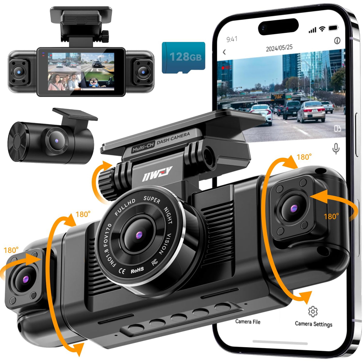 IIWEY N5 4 Channel Dash Cam, 360° All-Sides View, FHD 1080P Front and Rear Inside, Left Right Dash Camera for Cars, 8 IR Lamps, 5G WiFi & APP Control, 24H Parking Mode, G-Sensor, with a 128GB SD Card 🍁 All In One Marketplace Canada