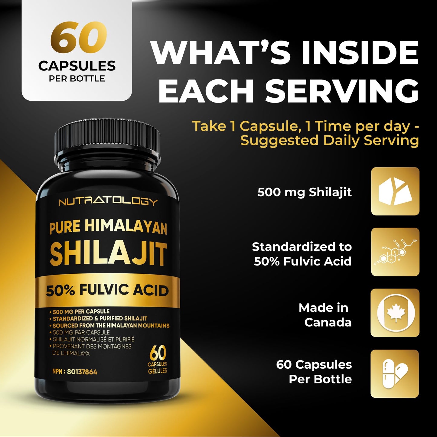Nutratology® Pure Shilajit Capsules | 50% Fulvic Acid | High Potency & Purity - Sourced from the Himalayan Mountains - Shilajit for Men & Women - 60 Count 🍁 All In One Marketplace Canada