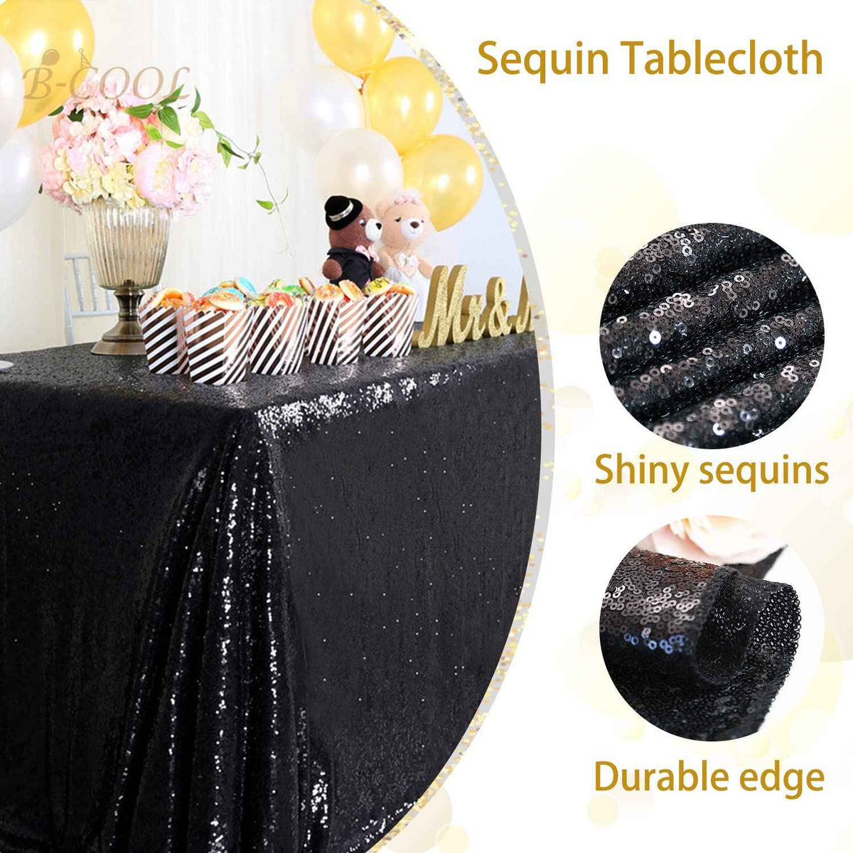 B-COOL Black Sequin Tablecloth Halloween Shimmer Tablecloth 50x80-inch Rectangular Table Overlays for Wedding Birthday Party Prom Table Decorations