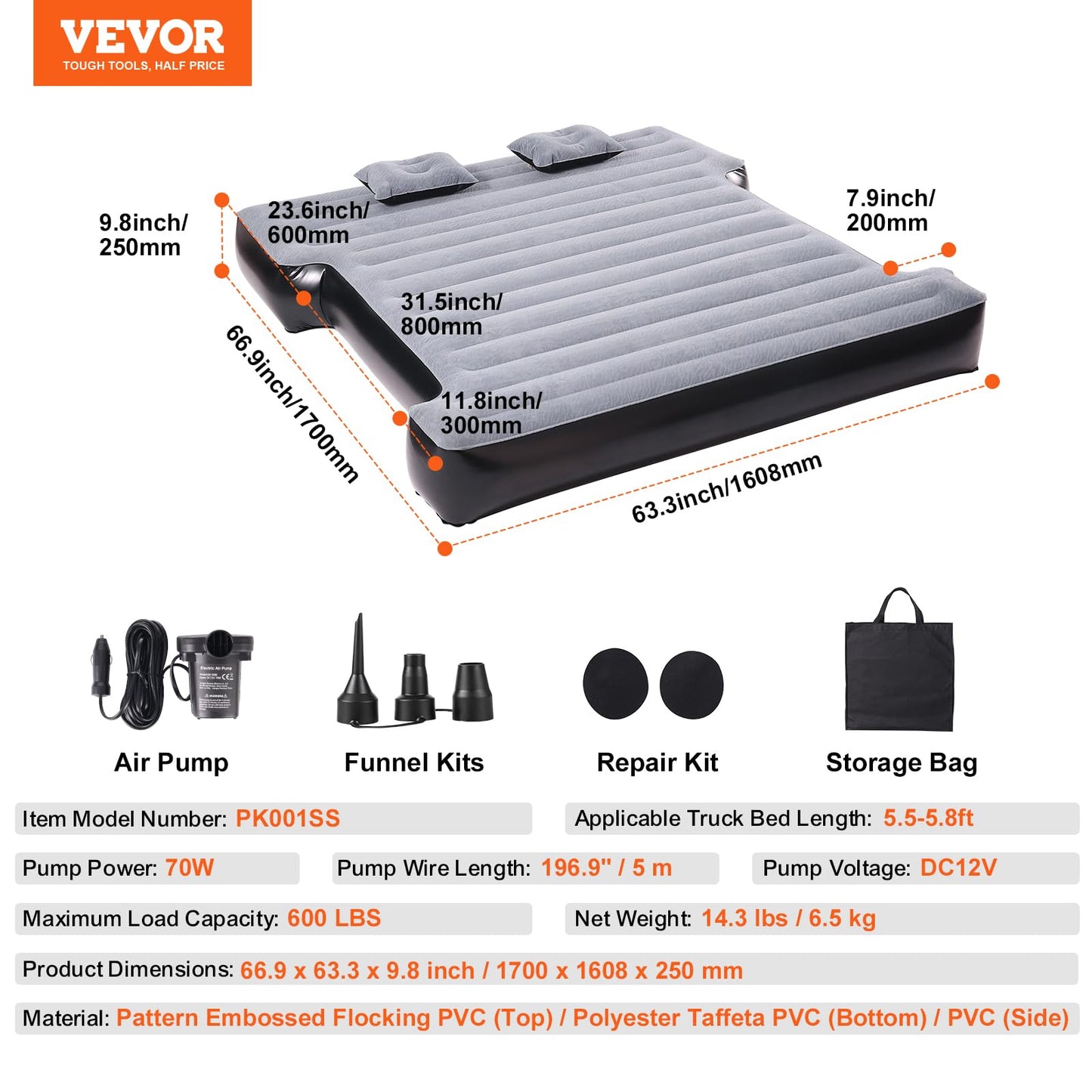 VEVOR Truck Bed Air Mattress, for 5.5-5.8 ft Full Size Short Truck Beds, Inflatable Air Mattress Camping Bed with 12V Air Pump 2 Pillows, Carry Bag, for Silverado, RAM, F Series, Sierra, Titan, Tundra 🍁 All In One Marketplace Canada