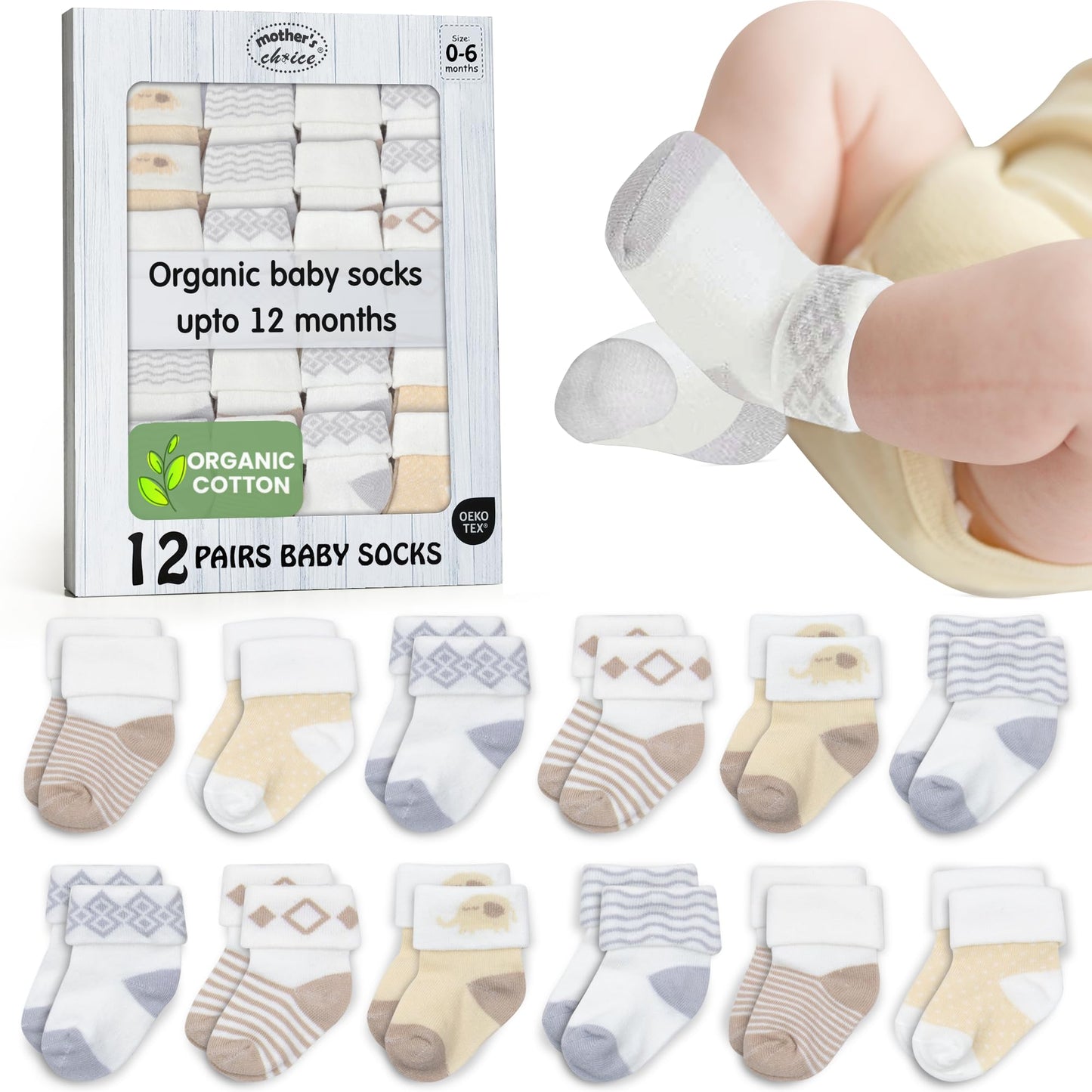 Mother's Choice Organic Cotton Baby Socks 0–6 Months, 12 Pairs Newborn & Infant Socks Soft Hypoallergenic Breathable Gentle On Delicate Skin Stretch Fit Comfortable Daily Essentials For Little Ones 🍁 All In One Marketplace Canada