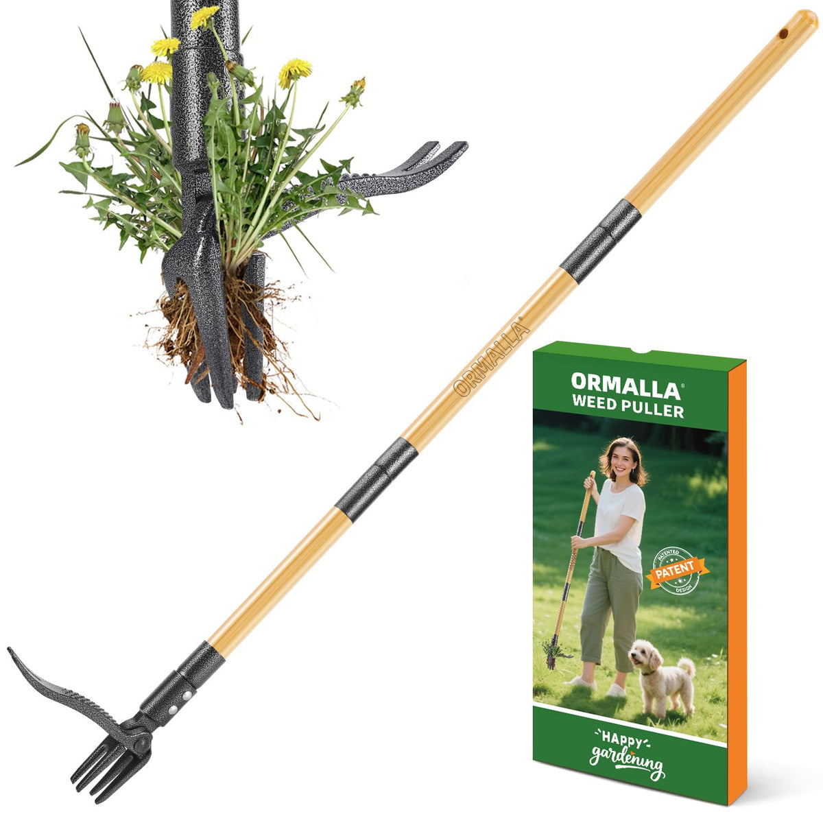 ORMALLA Weed Puller, 43.7in Long Handle Weed Remover, Dandelion Removal Tool, Natural Bamboo Handle and 4 Claws, Stand Up Garden Weed Root Remover, Pet Friendly (43.7in) 🍁 All In One Marketplace Canada
