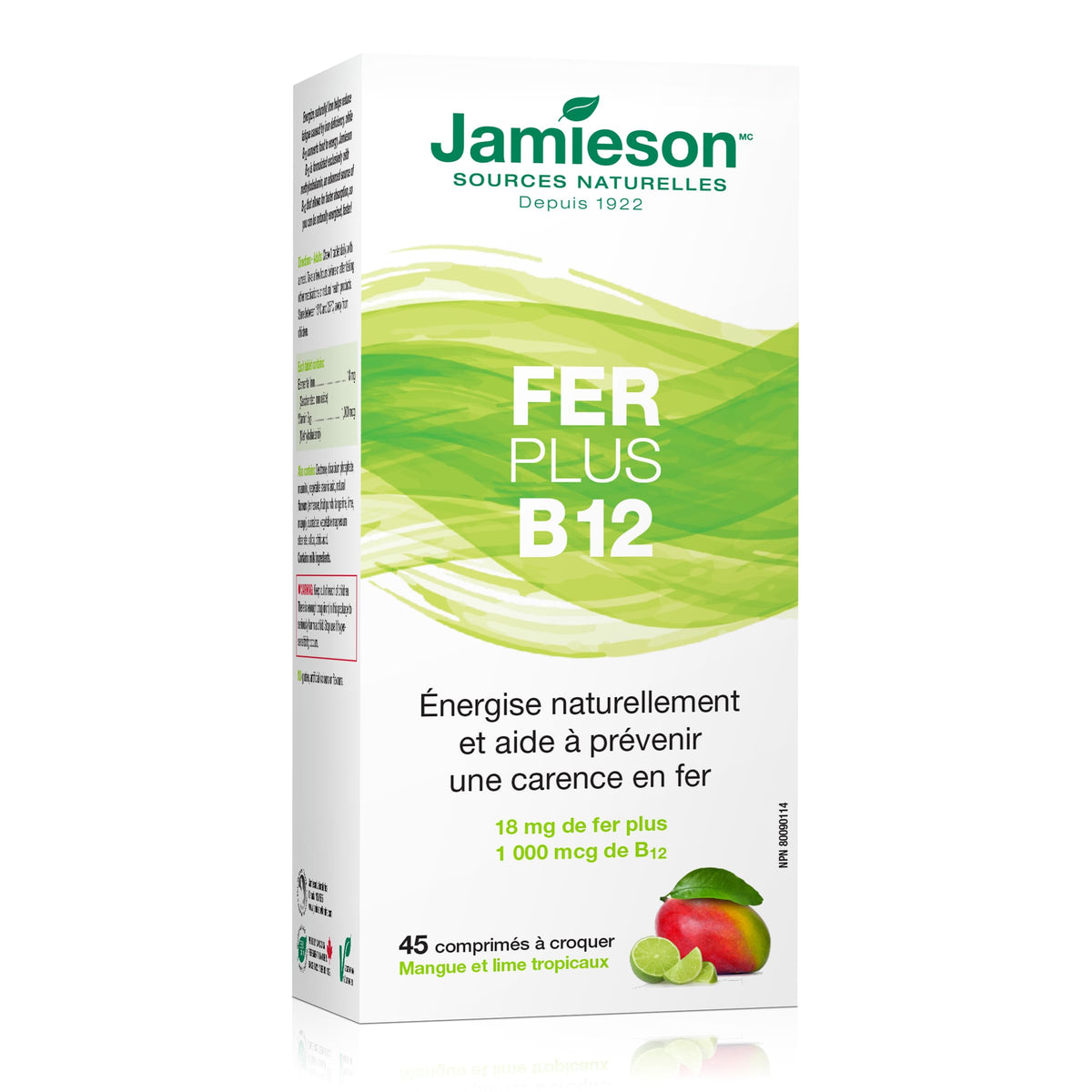 Jamieson Chewable Iron 18 mg Plus Vitamin B12 1,000 mcg Tropical Mango Lime Flavour, Helps Prevent Iron Deficiency, and Supports Natural Energy. Vegetarian, Gluten-Free, No Artificial Colours, Flavours, or Preservatives, 45 Chewable Tablets