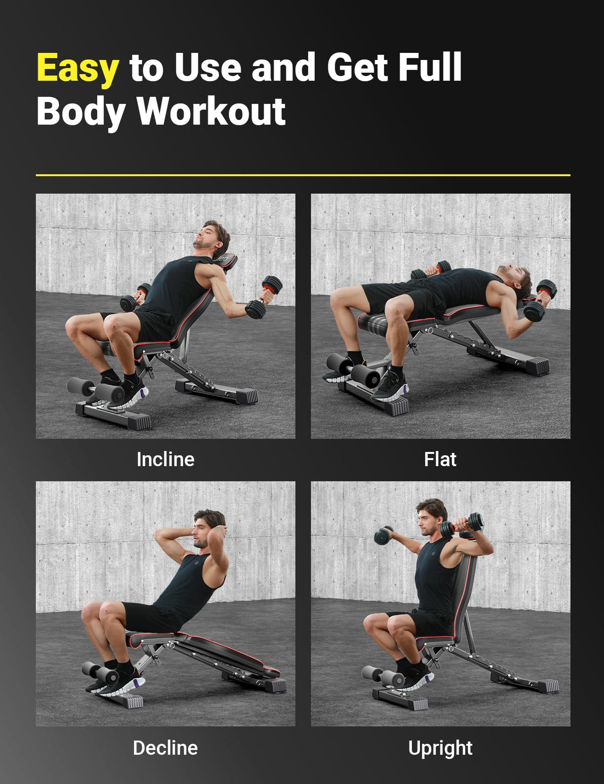 Yoleo Adjustable Weight Bench, 660LB Foldable Workout Bench with Extended Head/Neck Protection/Spine Support for Bench Press, Fast Folding Incline Decline Flat Bench 🍁 All In One Marketplace Canada