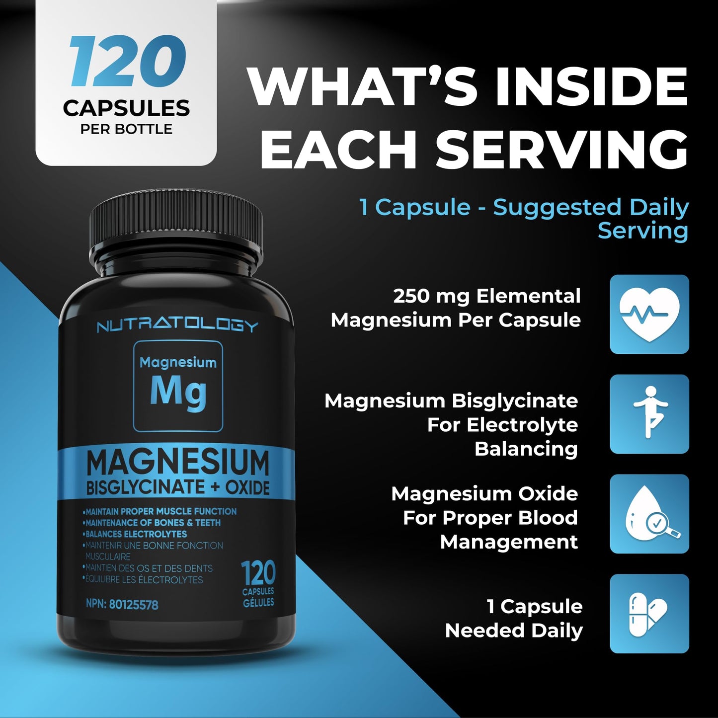 Nutratology® Magnesium Bisglycinate + Oxide | Canadian-Made | Relaxes Muscles, Improves Sleep Quality, Maintains Proper Muscle Functions & Enhances Bone Density | 250MG Per Capsule | 120 Capsules 🍁 All In One Marketplace Canada
