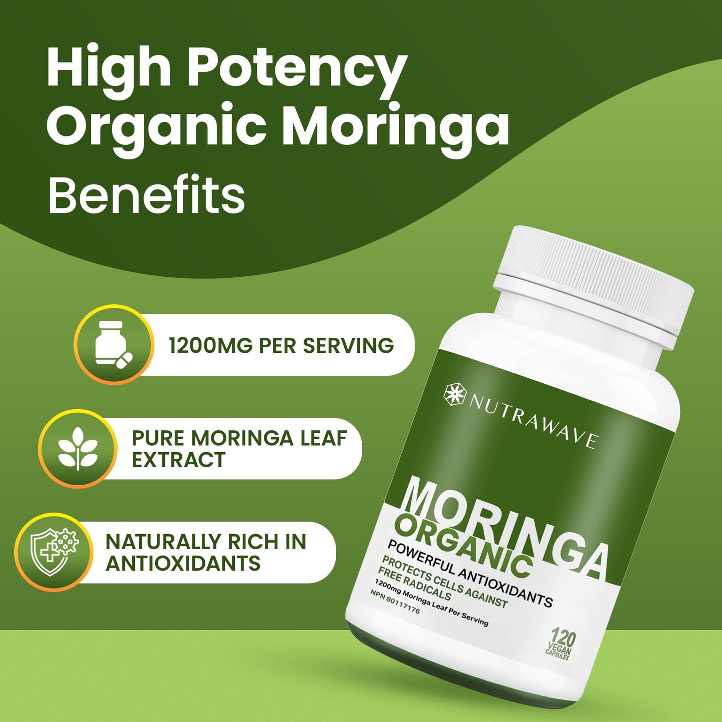 Nutrawave ORGANIC MORINGA LEAF Capsules 1200mg High Potency (2 x 600mg) – Gluten Free, Non-GMO, Vegan-Friendly Antioxidant Supplement -120 Capsules 🍁 All In One Marketplace Canada
