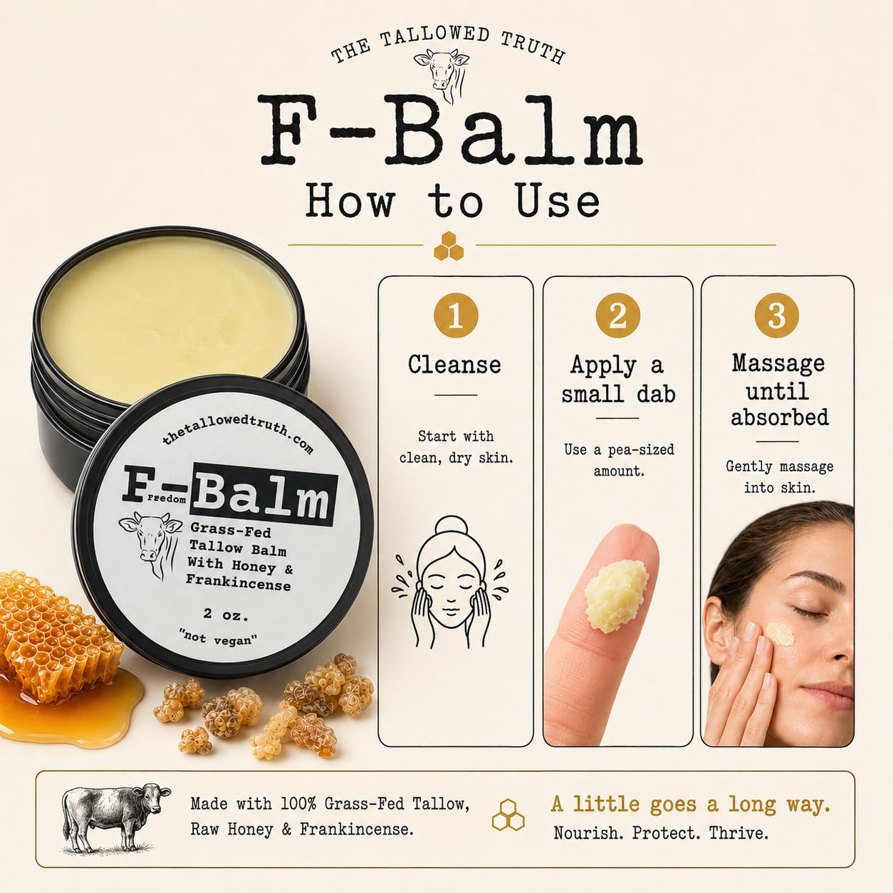 The Tallowed Truth F-Balm - All-In-One Premium Tallow Balm for Face & Body – Grass-Fed, Grass-Finished with Soft Sweet Scent of Honey & Frankincense – 5 Ingredients Only – Made in Canada - 2 oz 🍁 All In One Marketplace Canada