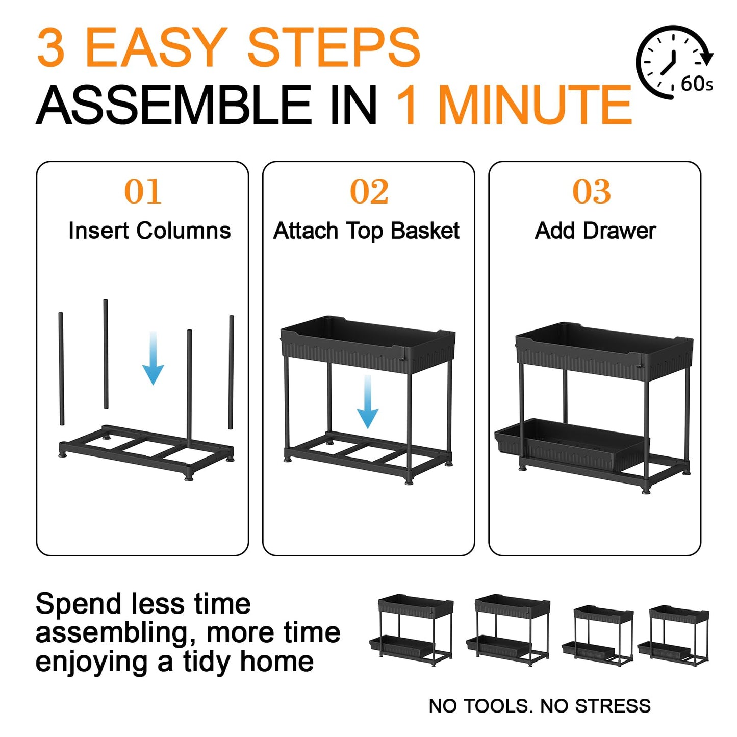 Sevenblue 4 Pack Under Sink Organizer and Storage,Bathroom Organizers, Multi-Use Under Sink Organizer for Bathroom and Kitchen with Sliding Drawer, Hang Hooks and Cup (Black, L) 🍁 All In One Marketplace Canada