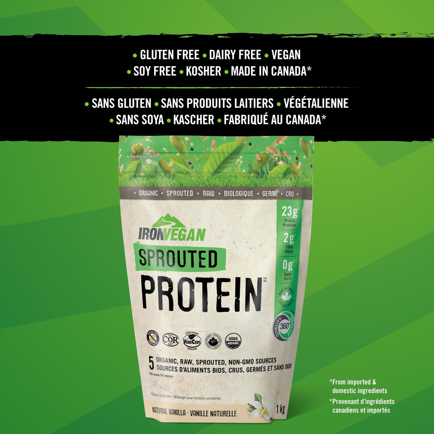 Iron Vegan Sprouted Protein, French Vanilla Flavour, 1kg | Vegan, plant-based, organic, gluten-free Brown (Pack of 1) 🍁 All In One Marketplace Canada