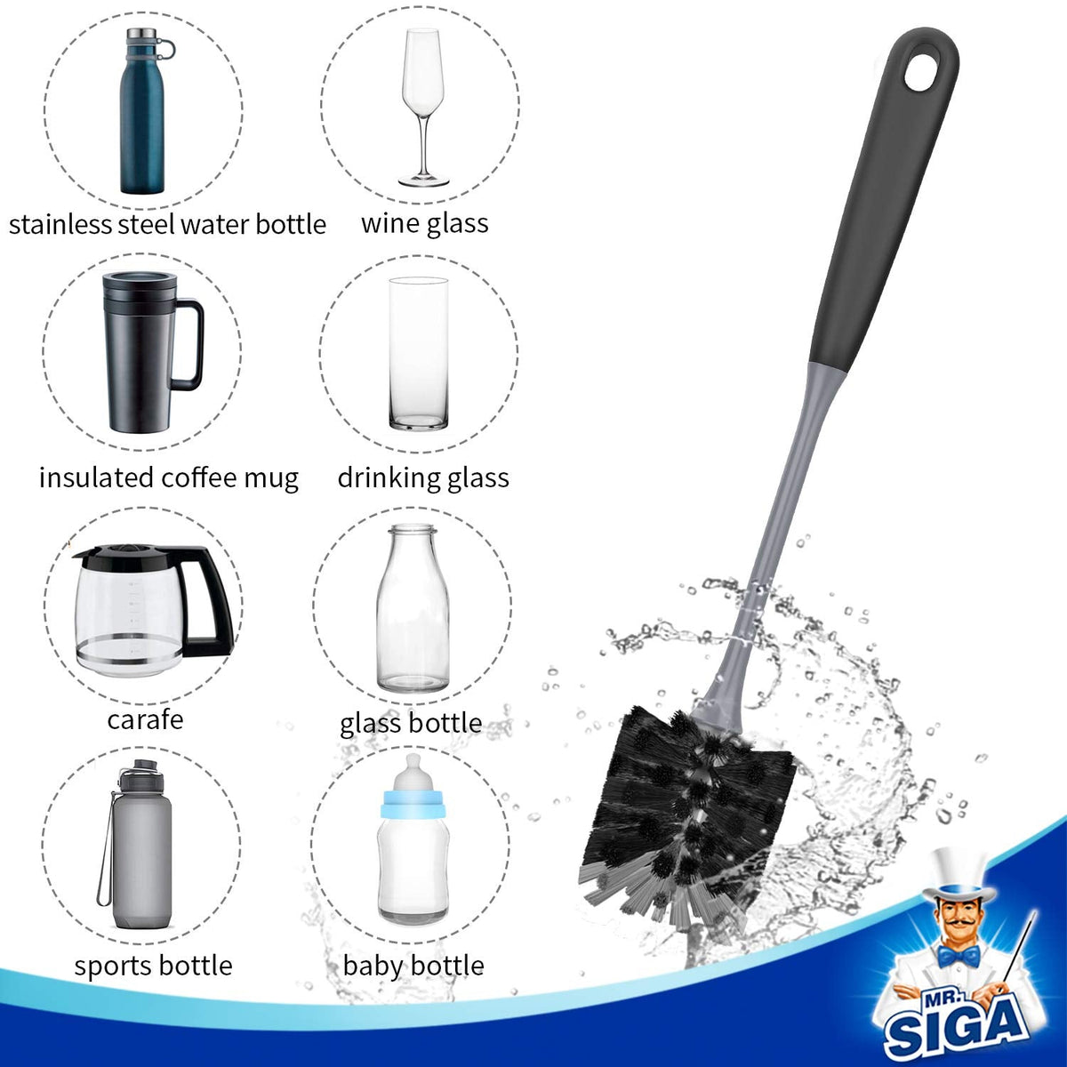 MR.SIGA Long Handle Bottle Brush, Cleaning Brush for Water Bottle, Glassware, 2 Pack 🍁 All In One Marketplace Canada
