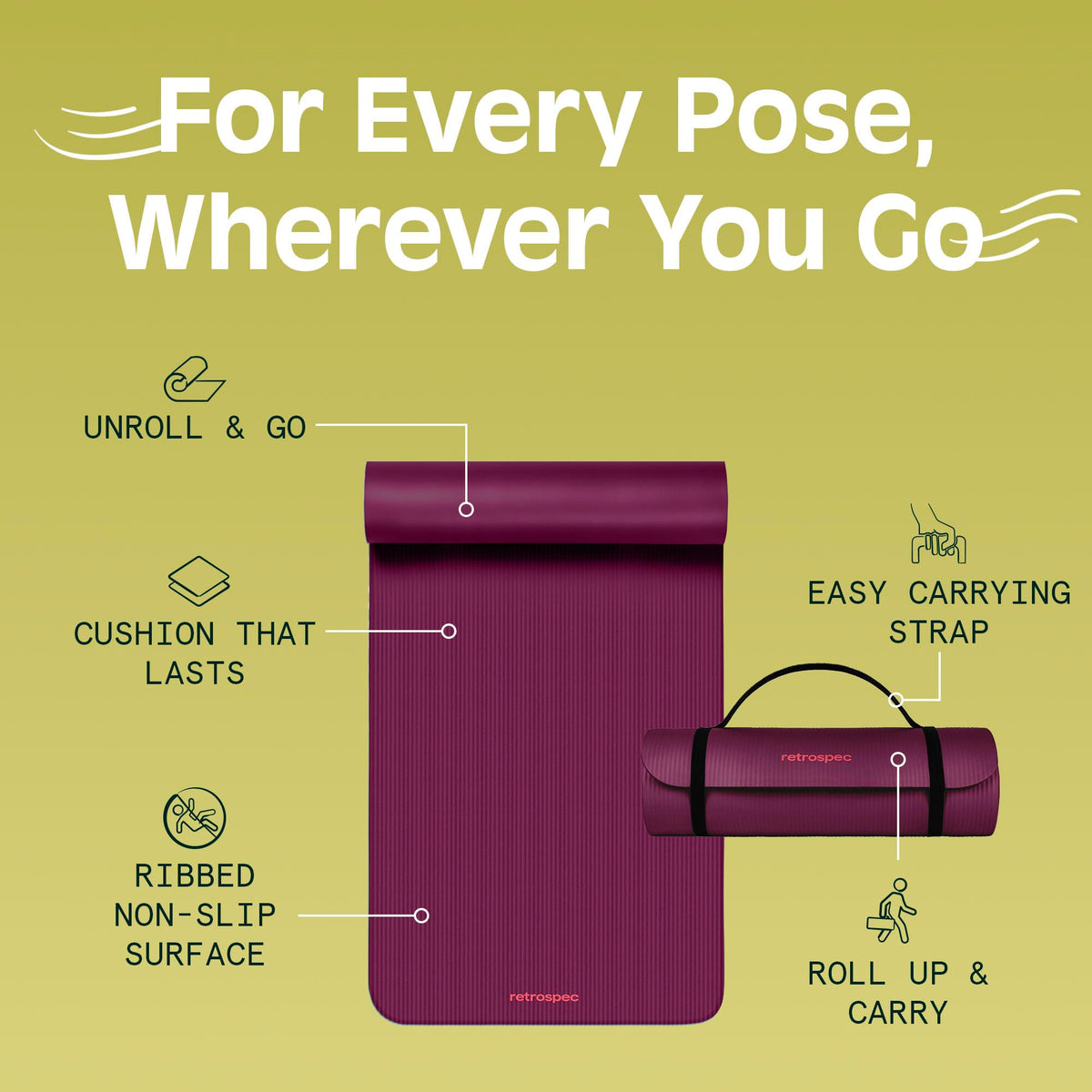 Retrospec Solana Yoga Mat 1" Thick w/Nylon Strap for Men & Women - Non Slip Exercise Mat for Home Yoga, Pilates, Stretching, Floor & Fitness Workouts - Boysenberry 🍁 All In One Marketplace Canada