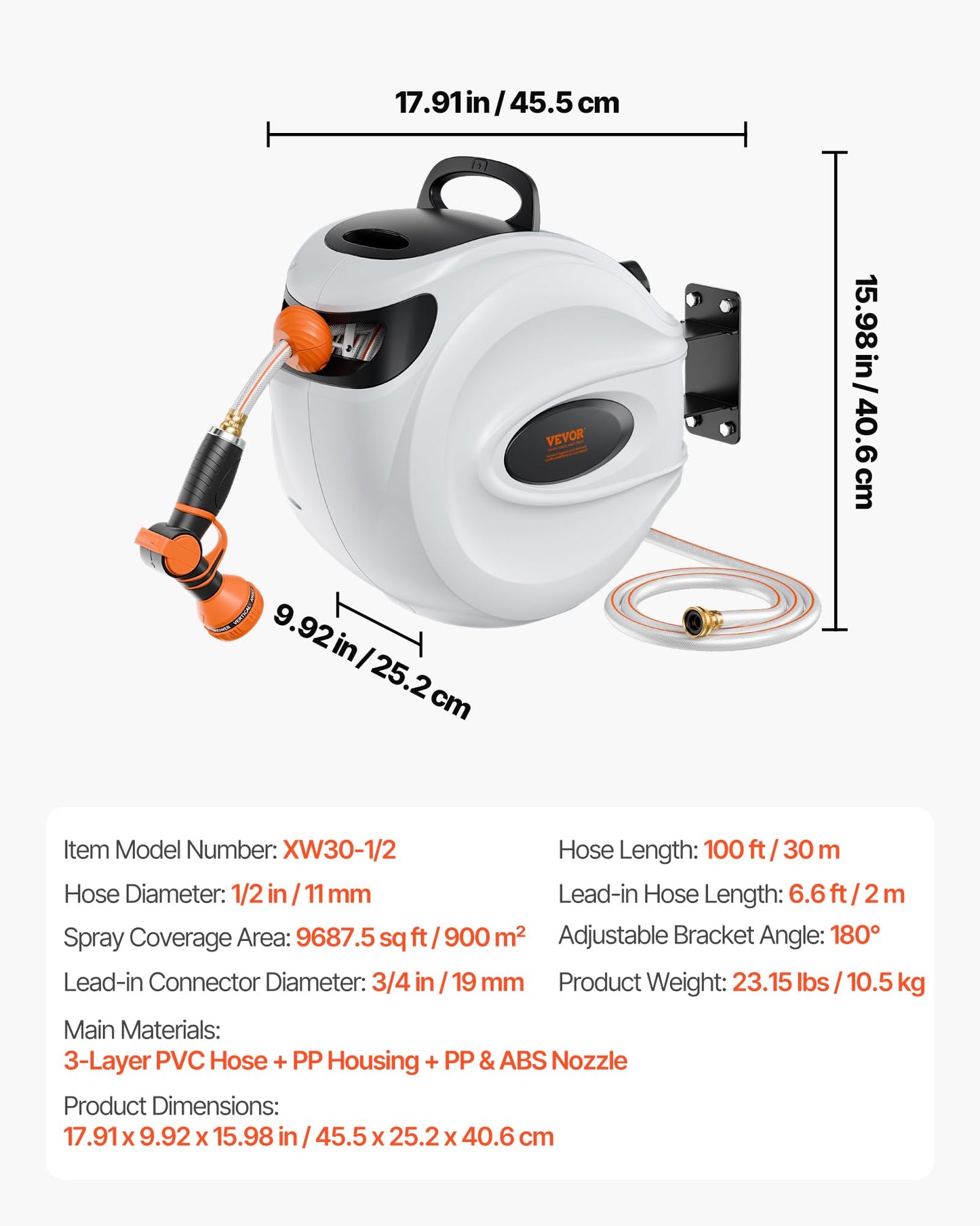 VEVOR Retractable Hose Reel, 100 ft x 1/2 inch, 180° Swivel Bracket Wall-Mounted, Garden Water Hose Reel with 9-Pattern Nozzle, Automatic Rewind, Lock at Any Length, and Slow Return System 🍁 All In One Marketplace Canada