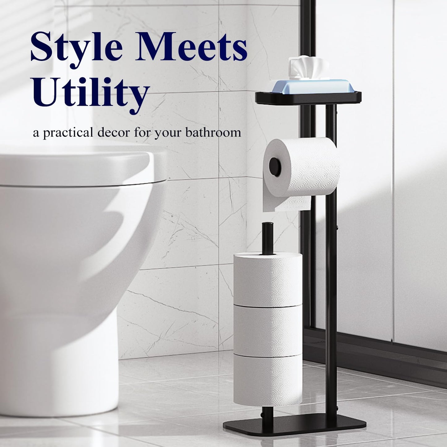 Kitsure Toilet Paper Roll Holder Free Standing – Rustproof Metal Toilet Paper Stand for 4 Rolls with Anti-Slip Base and Shelf for Phone & Small Items, Black, 63.0 x 23.5 x 15.0 cm 🍁 All In One Marketplace Canada