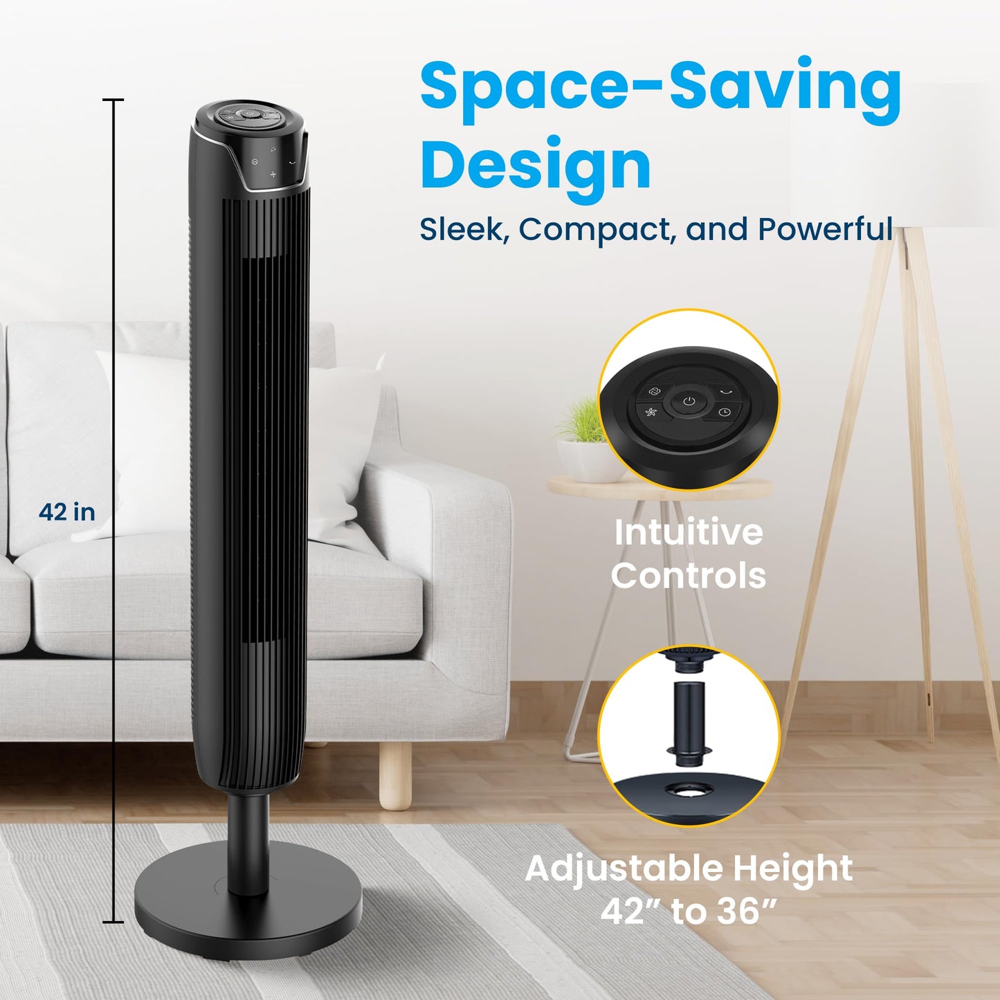 Senville 42" Oscillating Tower Fan for Bedroom, Remote, Bladeless, Quiet, 3 Modes, 7-Hour Timer, LED Display, Black 🍁 All In One Marketplace Canada