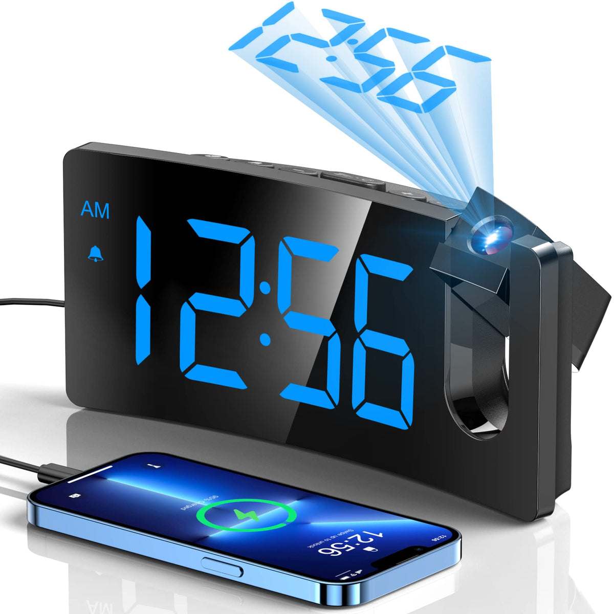 GOLOZA Projection Alarm Clock, Digital Clock with Modern Curved Design 180° Rotatable Projector, 3-Level Brightness Dimmer, Clear Blue LED Display, Progressive Volume, 9mins Snooze,12/24H, for Bedroom 🍁 All In One Marketplace Canada