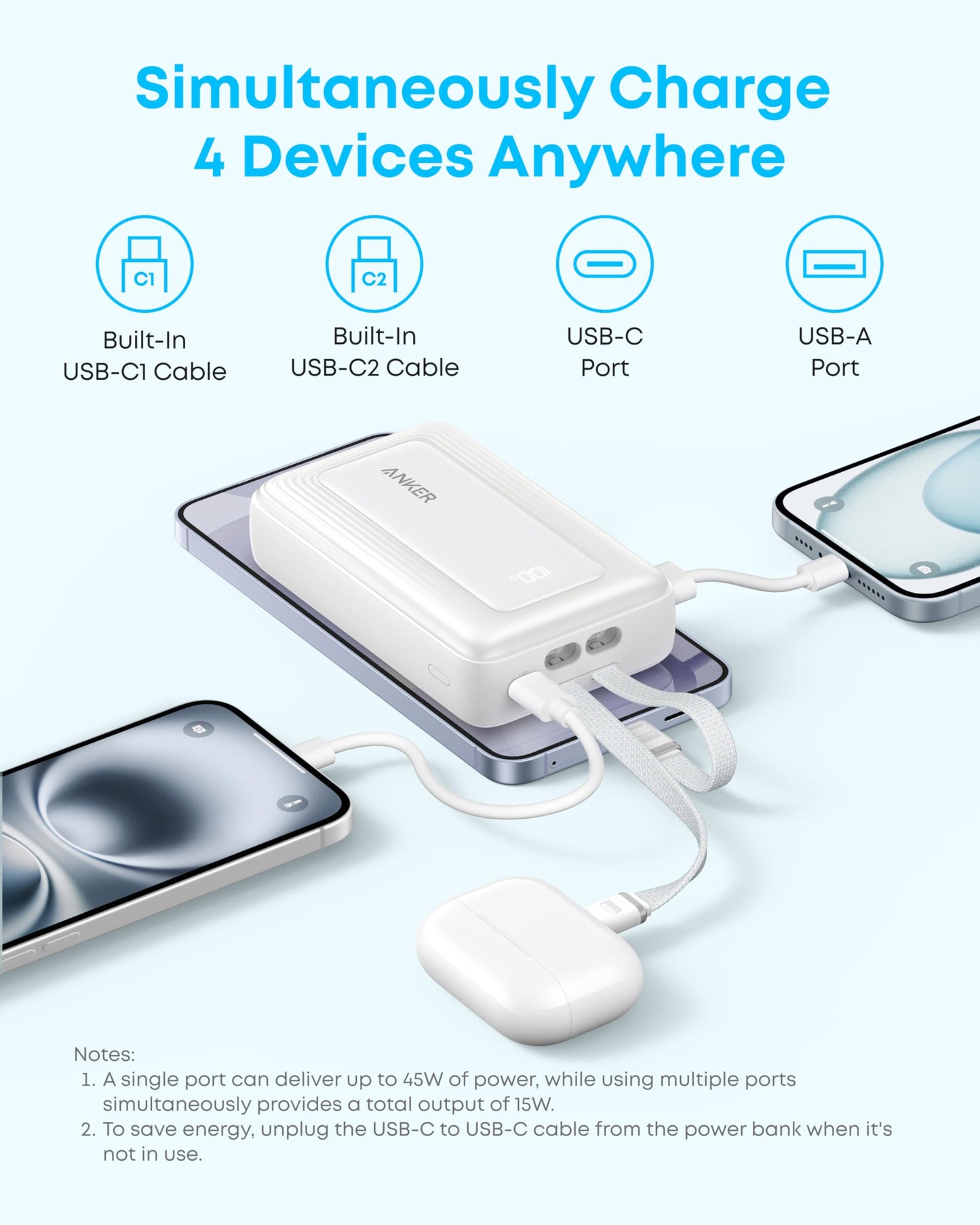 Anker Zolo Power Bank, 20,000mAh 45W Max Fast Portable Charger with Built-in USB-C Cable, USB C&A, 40W Battery Pack for iPhone 17 Series, MacBook, Samsung, and More (Built-in C Cable*2) 🍁 All In One Marketplace Canada