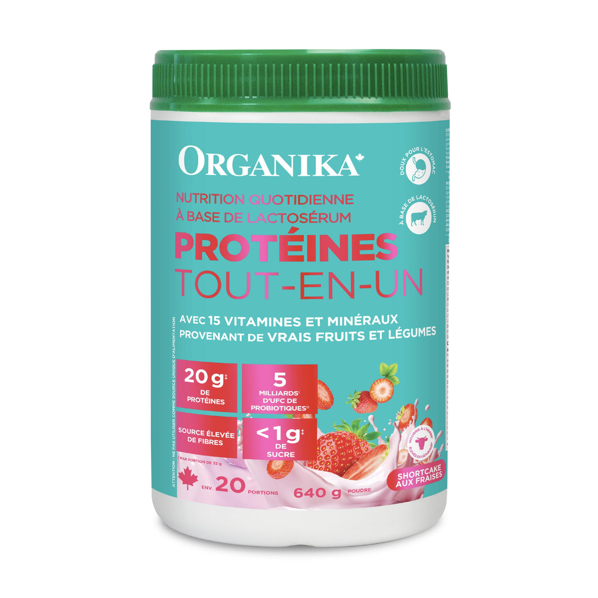 Organika All-in-One Strawberry Shortcake Protein Powder with 20g Protein,15 Vitamins & Minerals from Real Fruits & Veggies,5 Billion CFU Probiotics,4g Prebiotic Fiber, Digestive Enzymes,1g Sugar- 640g 🍁 All In One Marketplace Canada