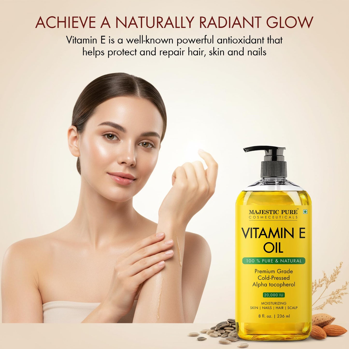 Majestic Pure Vitamin E Oil - 100% Pure & Natural, 20,000 IU | Premium Grade, Cold-Pressed and Tocopherol to Repair Dry, Damaged Skin| Moisturizing Skin, Hair and Scalp 8 Fl Oz 🍁 All In One Marketplace Canada