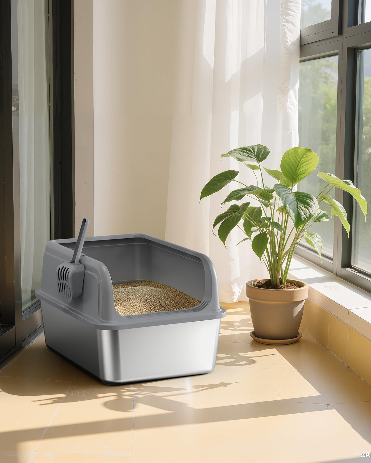 Powools Stainless Steel Cat Litter Box for Kittens, Metal Kitty Litter Box with Scoop, Anti-Leakage Top Entry, Non-Sticky, Easy to Clean, Grey, M (1 Pack) 🍁 All In One Marketplace Canada