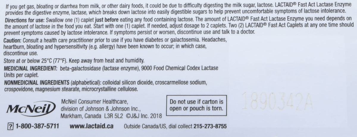 Lactaid Fast Acting Caplets - Lactose Enzyme Break Down - Gas, Bloating or Diarrhea - Milk & Dairy - 40 Caplets Per Package 🍁 All In One Marketplace Canada