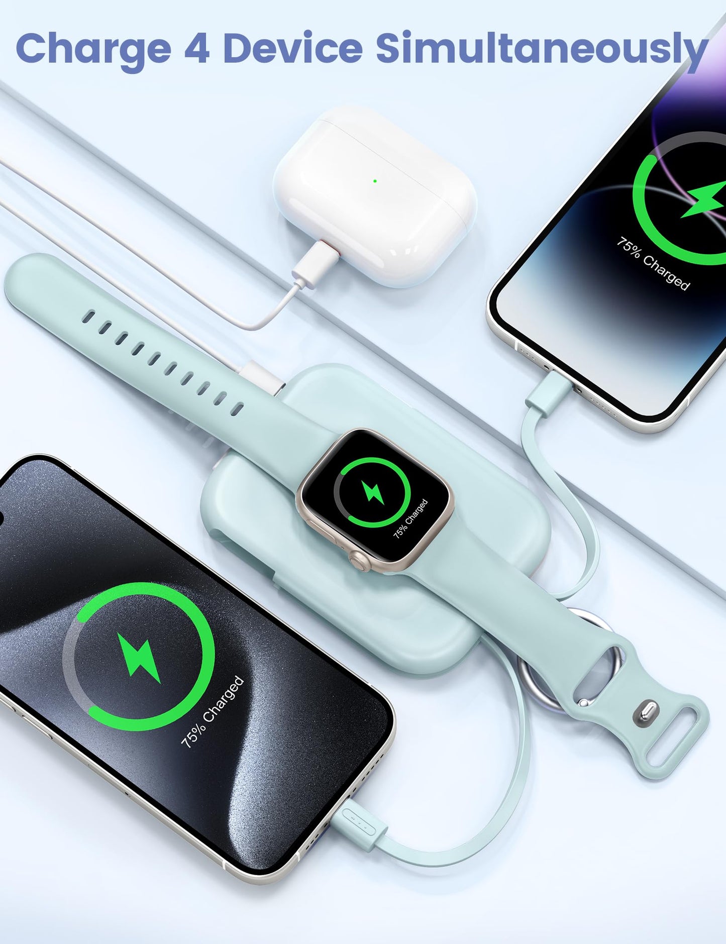 RORRY CharmGo Portable Charger, 5000mAh Portable Charger Power Bank with Built-in Cables, Travel Keychain Battery Pack for Apple Watch Ultra 3/2/10/9/8/Ultra/7/6/SE, iPhone 17/16/15, Blue 🍁 All In One Marketplace Canada