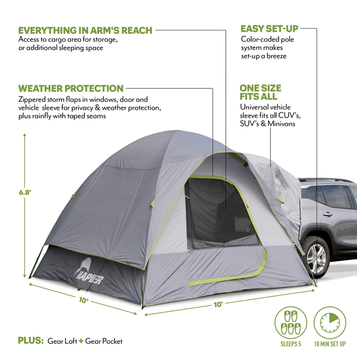 Napier Backroadz SUV Tent | 10' x 10' Vehicle Camping Tent | Fits All CUVs, SUVs, and Minivans | Sleeps 5 | Spacious, Durable, Easy Set-up | Gray/Green | Model 19100 🍁 All In One Marketplace Canada