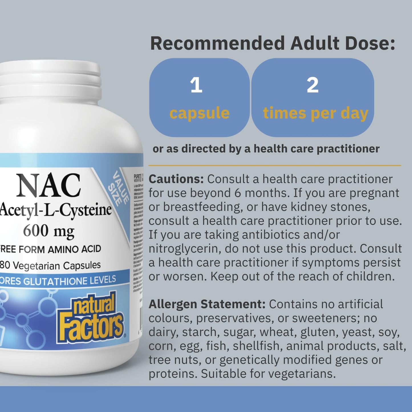 Natural Factors NAC Supplement (N-Acetyl-L-Cysteine), 600 mg, 180 Vegetarian Capsules, VALUE SIZE, Free Form Amino Acid, Helps Restore Glutathione Levels, Antioxidant Support, Proudly Canadian 🍁 All In One Marketplace Canada