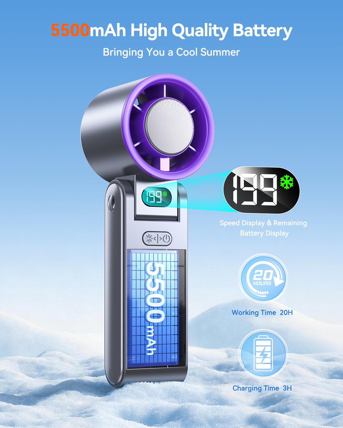 Portable Handheld Turbo Fan with Ice Cooler, 199 Speed Personal Fan,5500mAh Rechargeable,20H Cooling Time,20000 RPM Powerful Silent Motor, Summer Essential for Travel/Outdoor/Office, Grey Purple 🍁 All In One Marketplace Canada