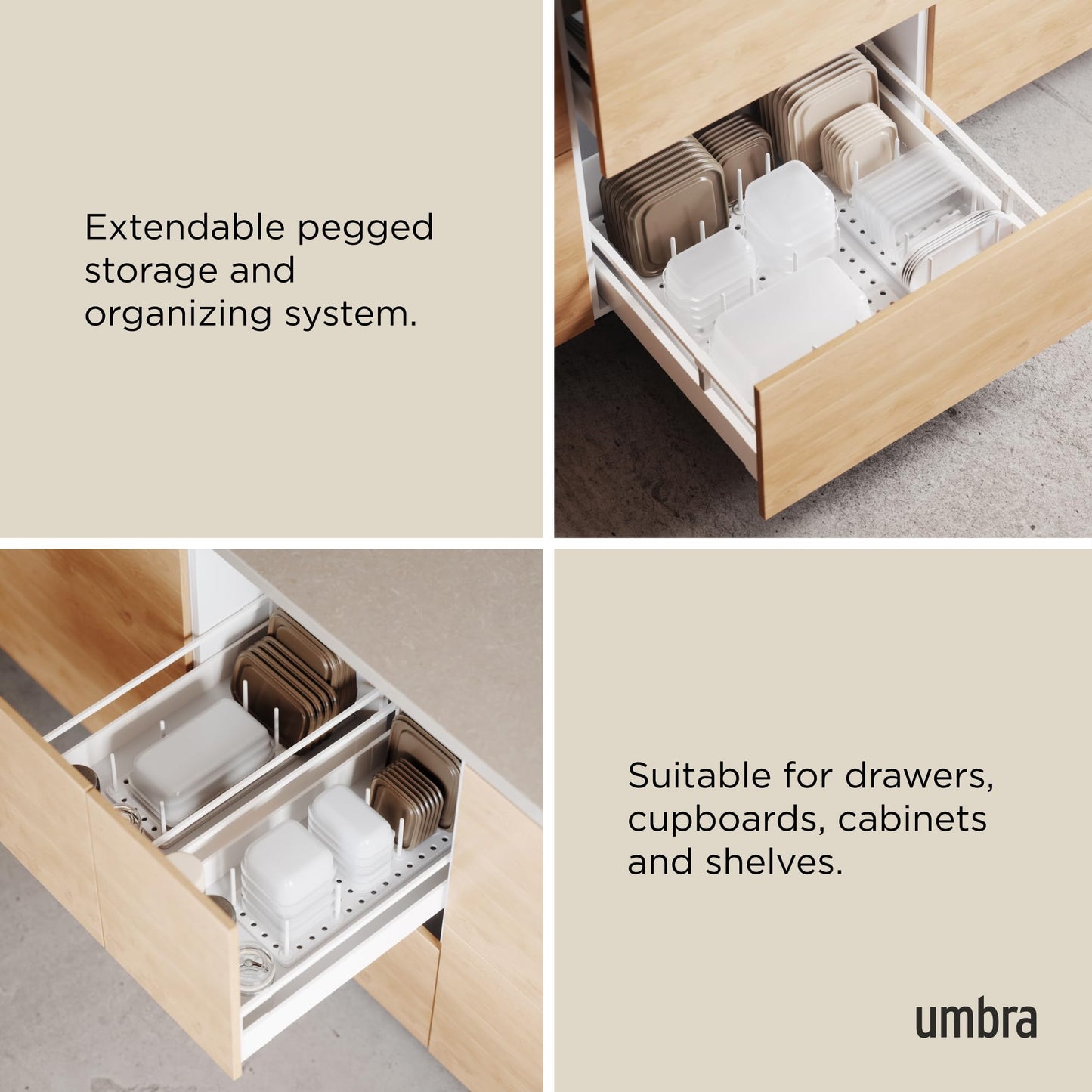 Umbra Peggy Kitchen Drawer Cupboard Organizer Tray - Adjustable Storage System For Food Containers, Cookware, Serveware, Utensils and More, White 🍁 All In One Marketplace Canada