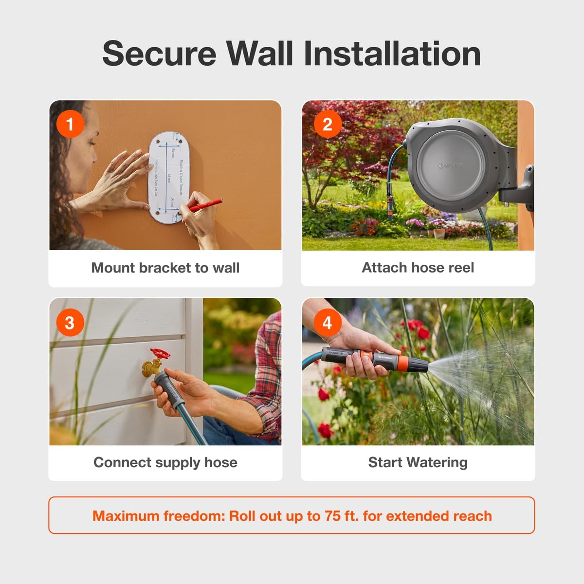 GARDENA 20502-80, Retractable Garden Hose Reel 75' x 1/2" Hose, Wall Mounted, Automatic Retraction & Length Lock for Easy Watering. Heavy Duty Swivel Bracket 180°, Includes Nozzle. Made in Europe 🍁 All In One Marketplace Canada