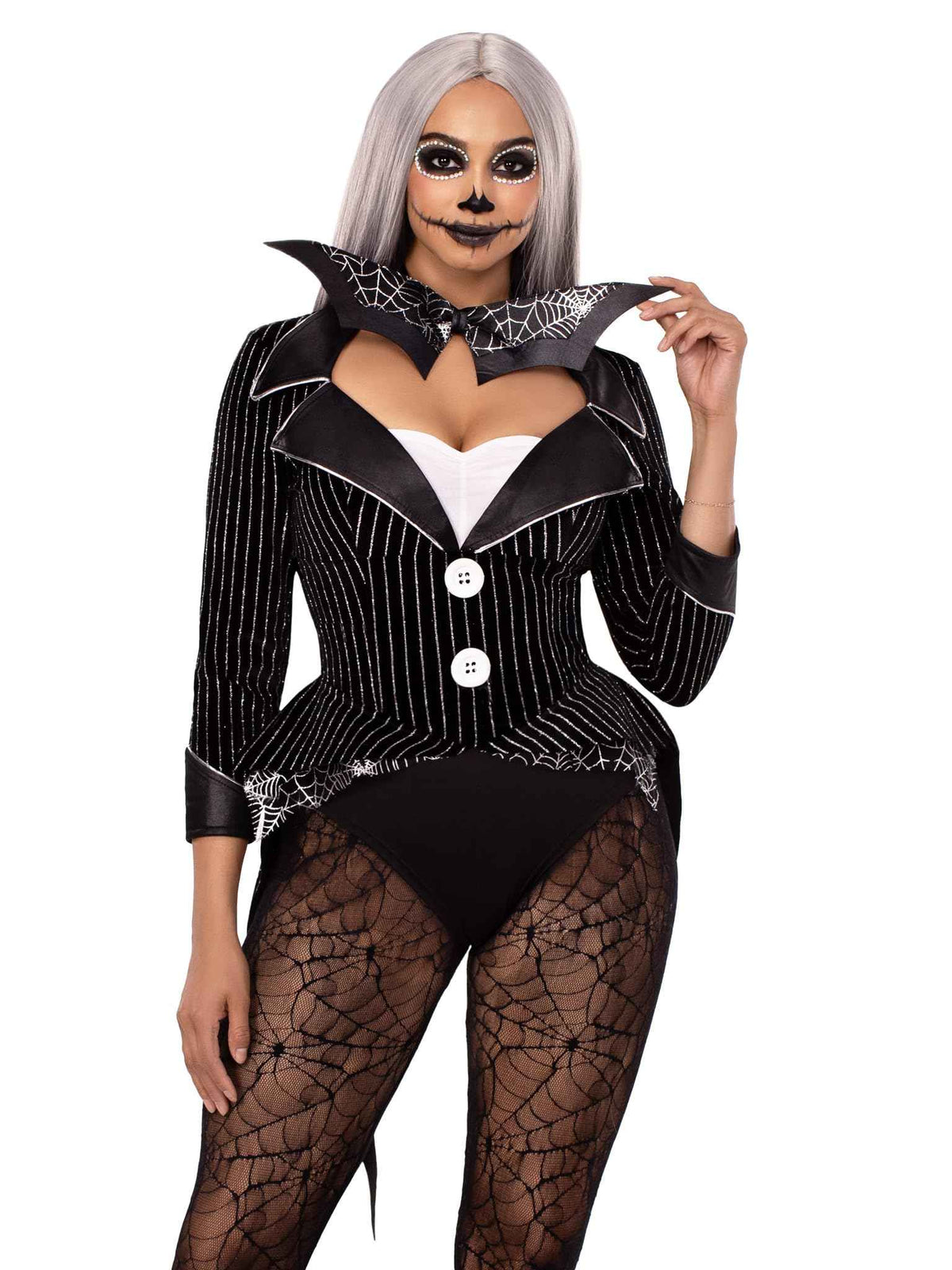 Leg Avenue 2 PC Halloween Baddie Costume, Includes Striped Velvet Bodysuit with Snap Crotch and Wing Bow Tie, Medium, BLACK