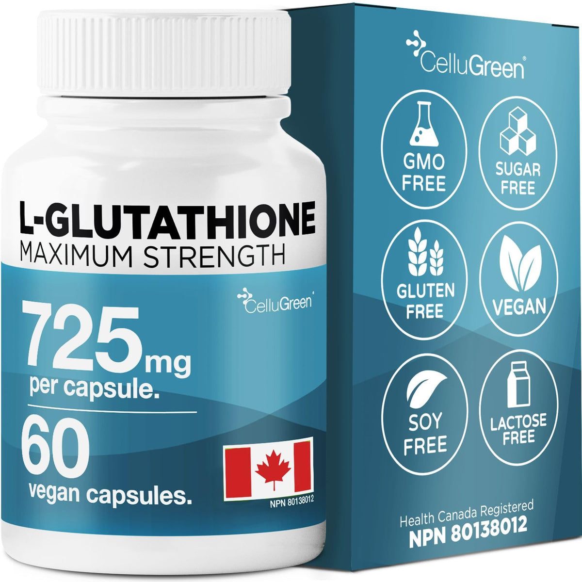 CelluGreen 725mg L-Glutathione MOST POWERFUL AVAILABLE Antioxidant Support for Cellular Health, Liver Detox, Skin & Immune Health, Vegan, Made in Canada. 60 Capsules 🍁 All In One Marketplace Canada