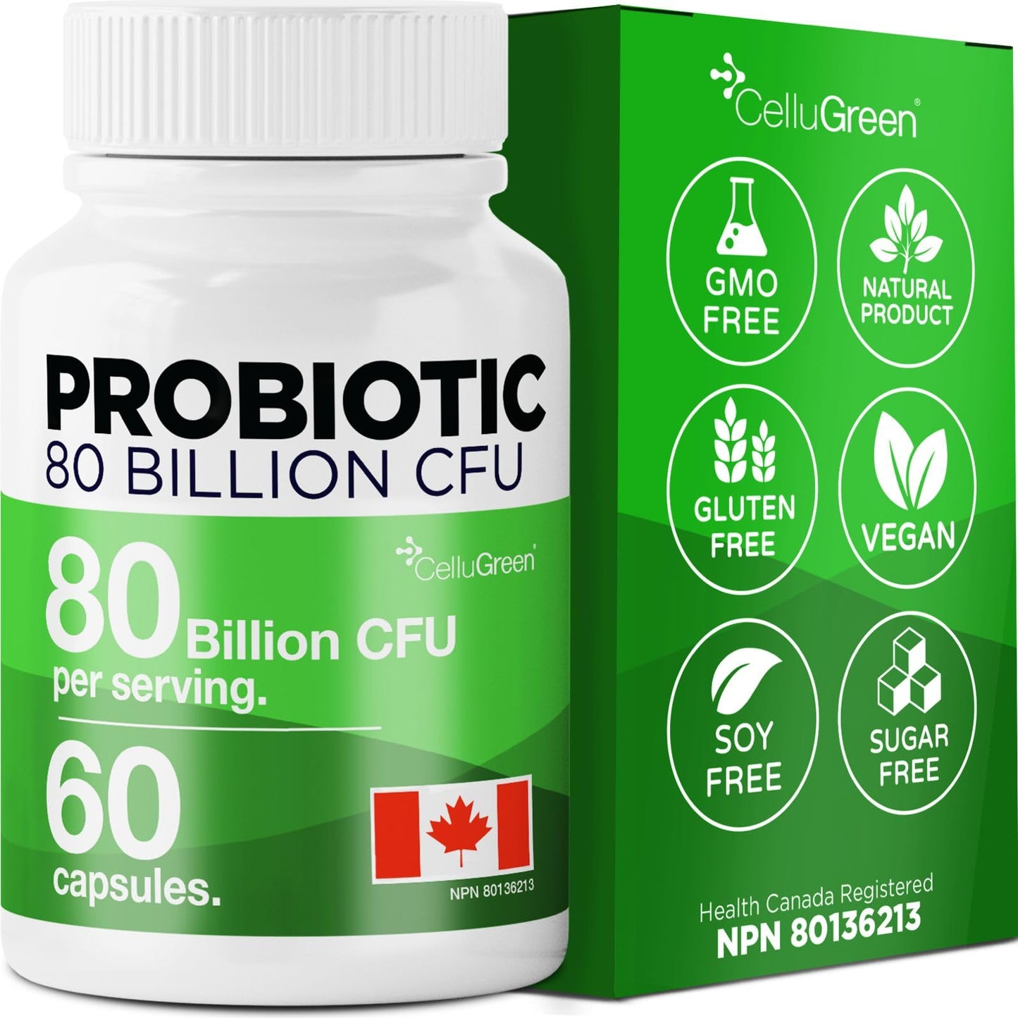 CelluGreen Probiotics 80 Billion CFU for Men & Women – 15 Strains – Digestive & Gut Health Support – Bloating & Gas Relief – Shelf Stable, Vegan, Non-GMO – 60 Capsules 🍁 All In One Marketplace Canada