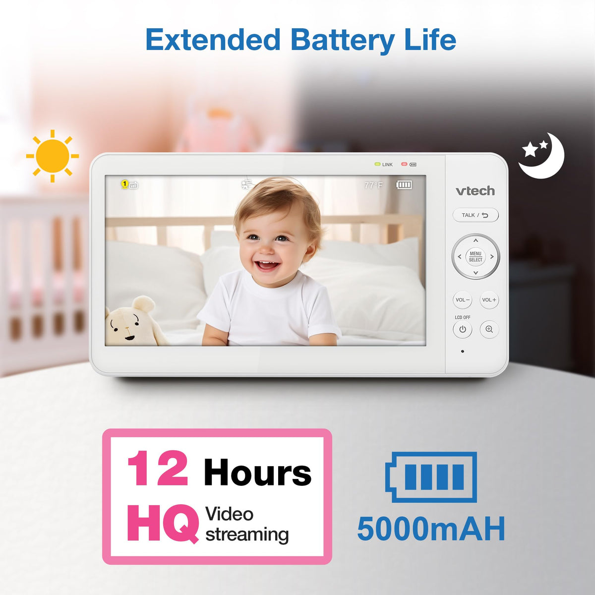 VTech Advanced HQ Max 7" Digital Video Baby Monitor with Pan-Tilt-Zoom, Night Light, Long Range, 2-WayTalk, Display, and Lullabies, No WiFi, White 🍁 All In One Marketplace Canada